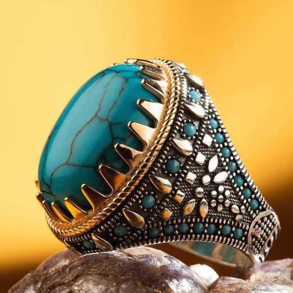Men's 925 Sterling Silver Vintage Blue Turquoise Ring